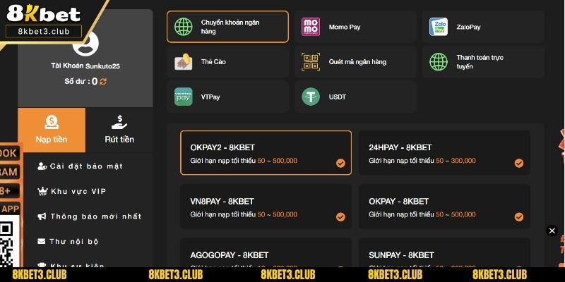 8kbet hỗ trợ nhiều phương thức nạp tiền hiện đại